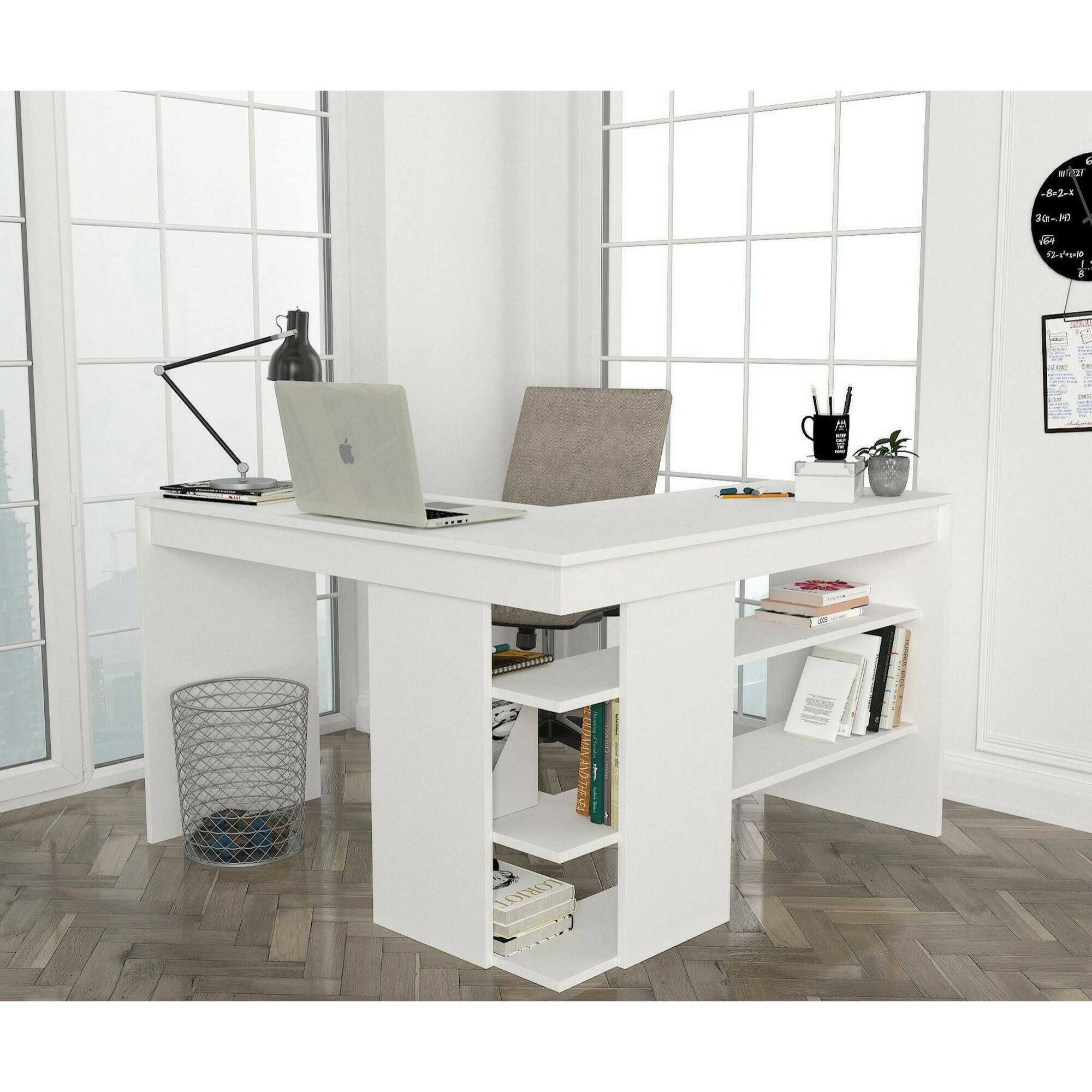 Scrivania Dkon, Scrittoio multiuso, Tavolo per ufficio porta PC, Piano di lavoro, 120x120h74 cm, Bianco