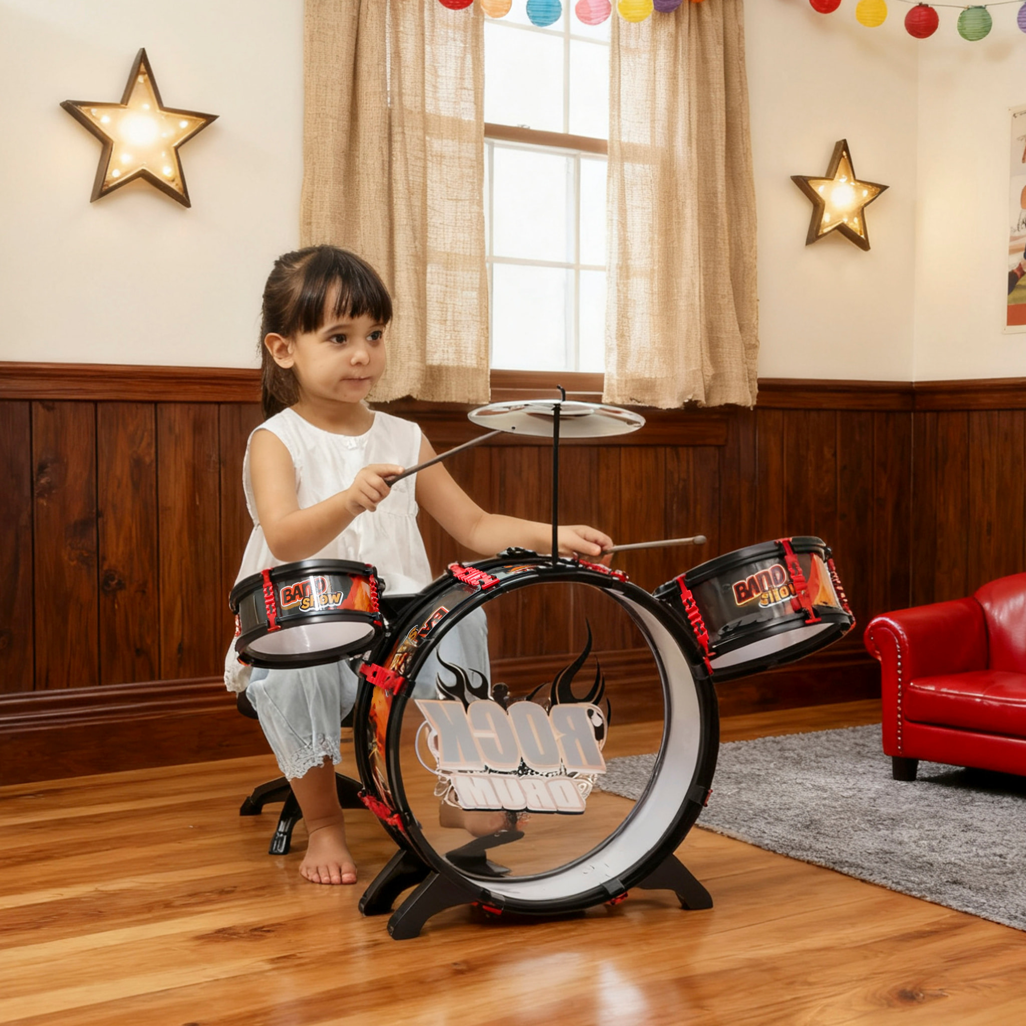 Batería Infantil con Taburete, Batería para Niños de +3 Años, con Tambores, Bombo, Platillo y Baquetas, para Principiantes, 59,5x31,5x59 cm, Negro