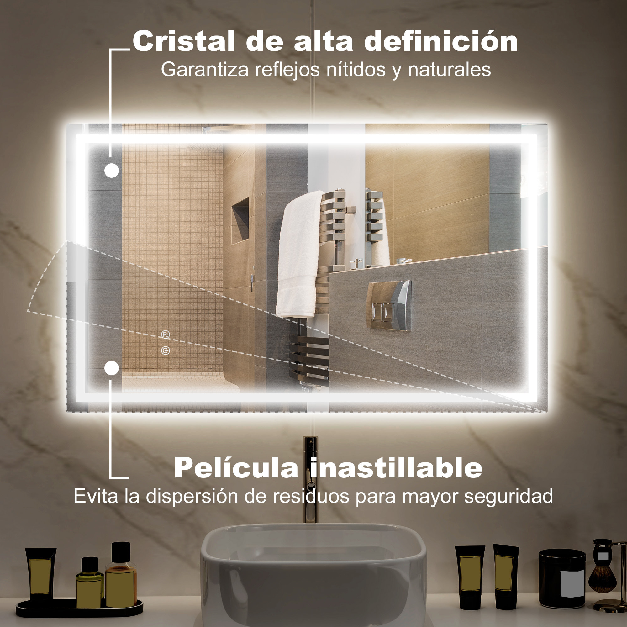 Espejo de Baño con Luz LED 100x60 cm Espejo de Pared con Luz Retroiluminado Antivaho Brillo Regulable Interruptor Táctil IP44 Montaje Horizontal o Vertical