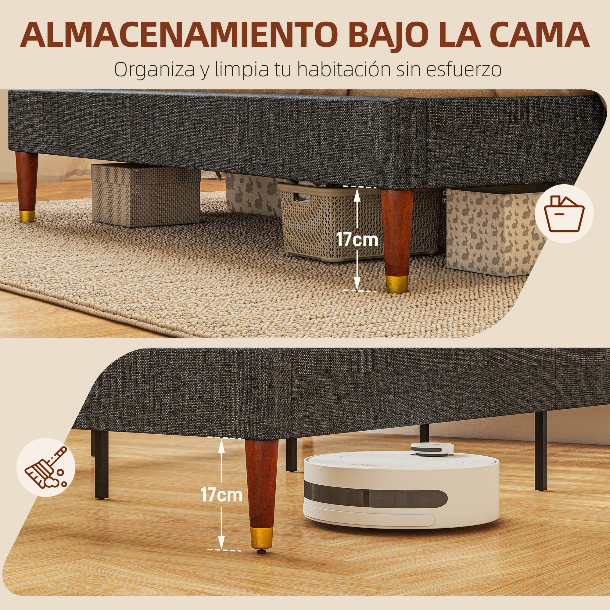 Cama 140x200 cm Estructura de Cama Somier con Cabecera Tapizada de Lino y Espacio de Almacenamiento Debajo de la Cama Carga 250 kg Gris