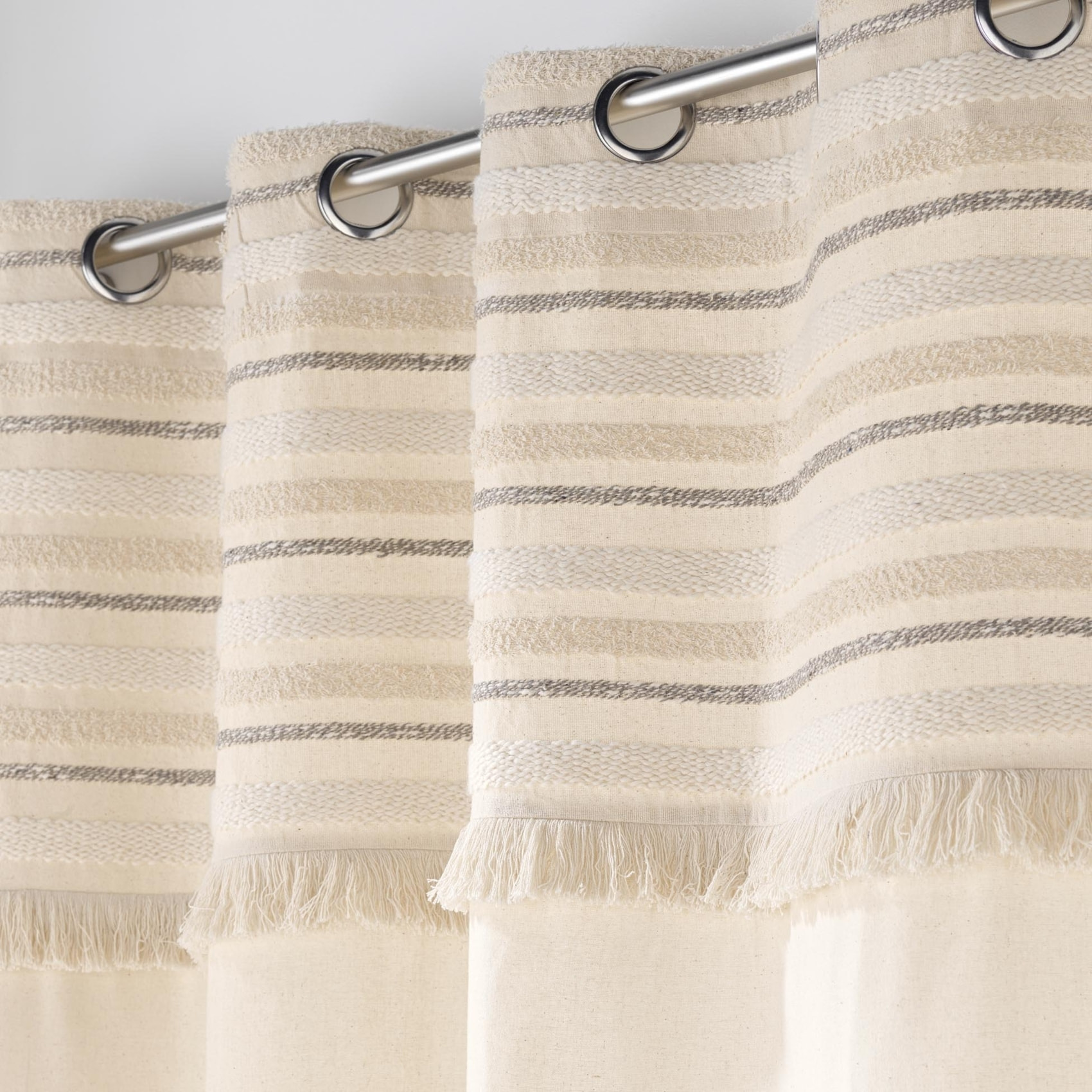 Rideau court à œillets en coton avec top tissé et franges - Naturel
