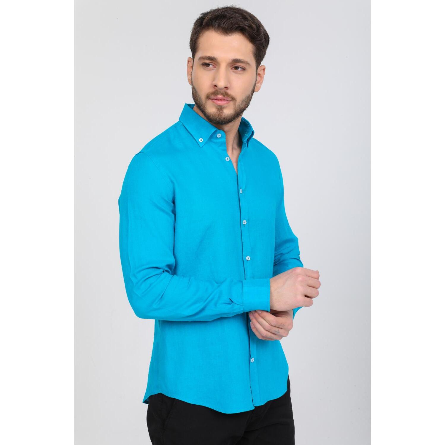 Camicia Uomo 1 Bottone Button Down Slim Lino Unito Turchese