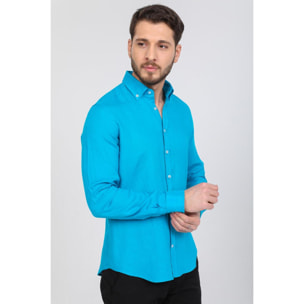 Camicia Uomo 1 Bottone Button Down Slim Lino Unito Turchese