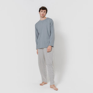 Pigiama lungo da uomo in cotone, blu-grigio nerd