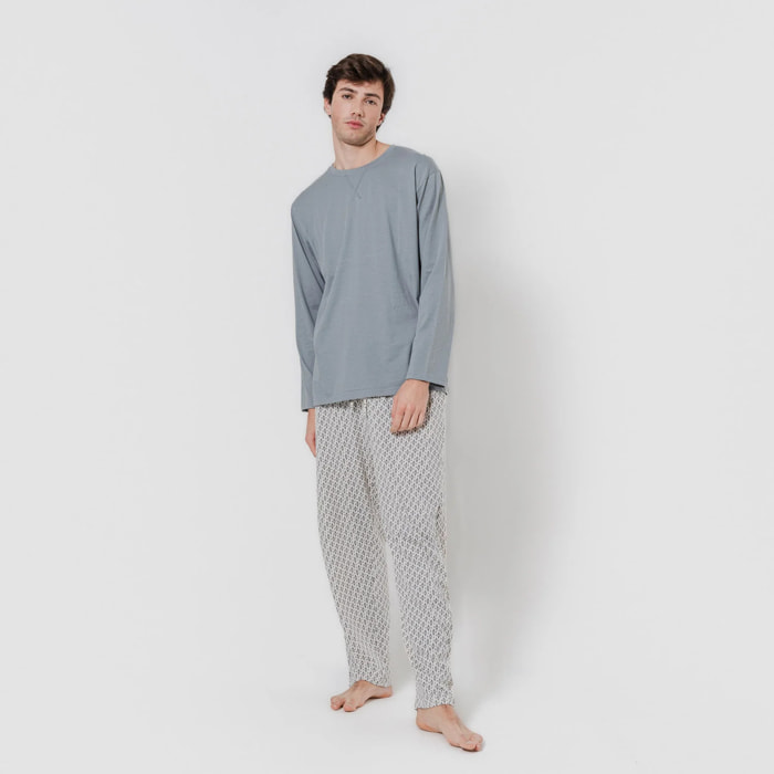Pigiama lungo da uomo in cotone, blu-grigio nerd