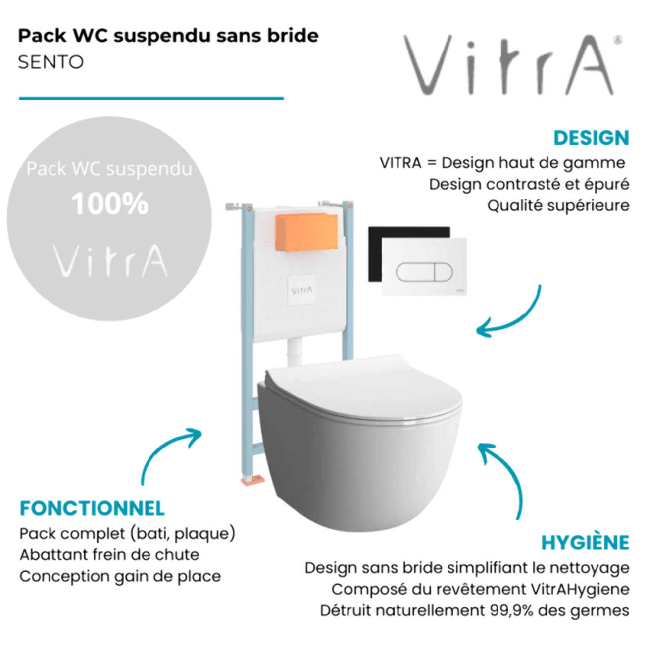 Pack WC suspendu VITRA Sento blanc + bâti autoportant V-Fix Core + Plaque Round Blanche