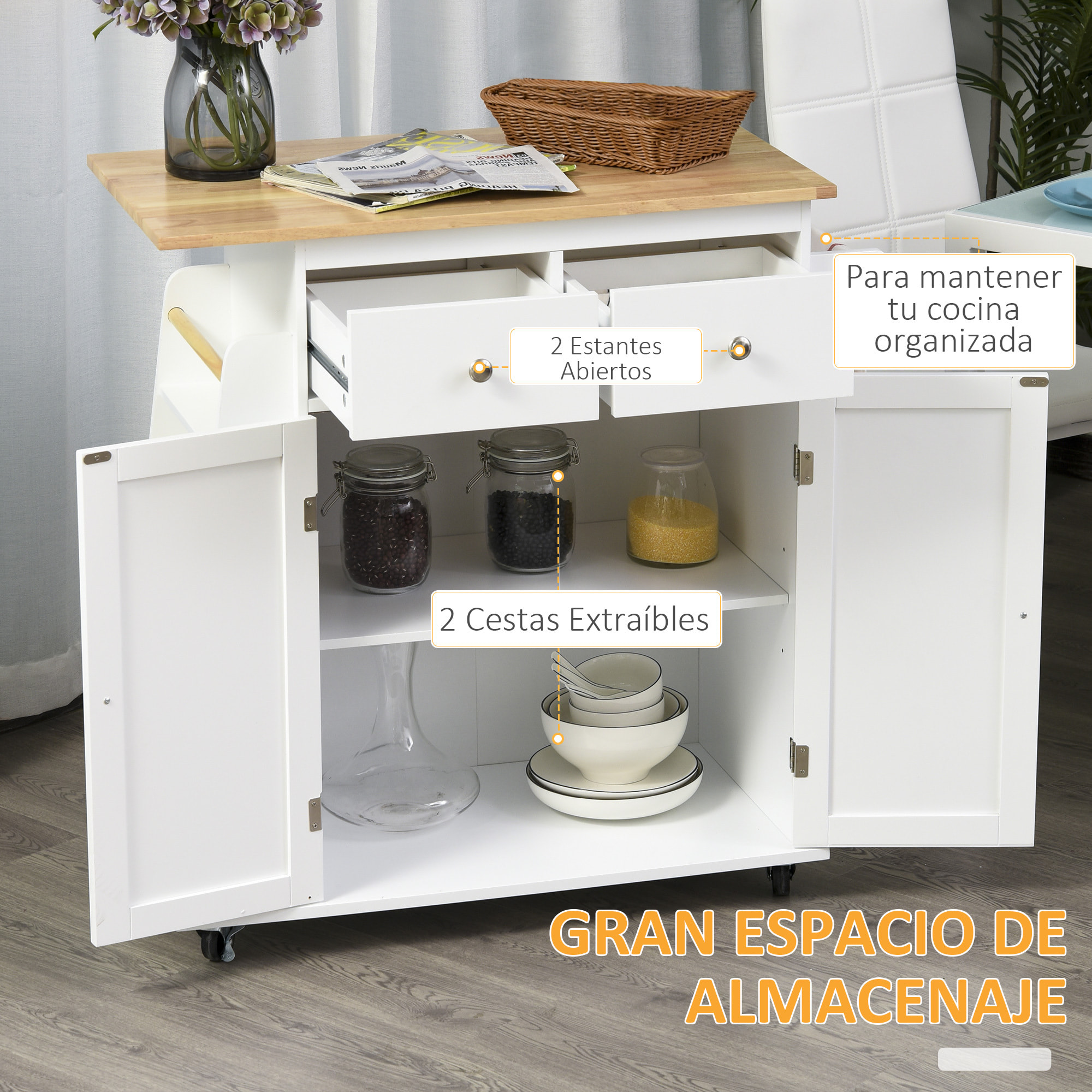 Carro de Cocina Auxiliar con Ruedas Carrito de Servicio con 2 Cajones de Regulable y Barra para Colgar 89x45x89,5 cm Blanco