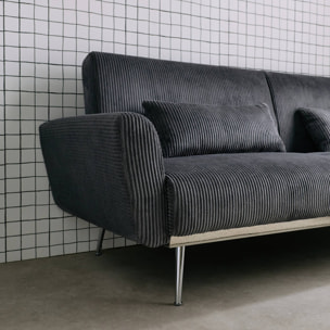 Canapé convertible design en velours côtelé gris foncé - Oskar - 3 places scandinave droit avec pieds métal chromé