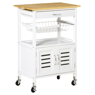 HOMCOM Carrito de Cocina con Ruedas Carro de Almacenamiento Multiuso con Encimera de Bambú Cajón Cesta Metálica y Armario de 2 Puertas de Persiana 58x37x83 cm Blanco