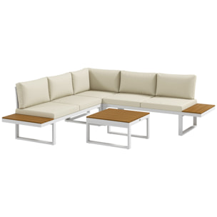 Conjunto de Muebles de Jardín Exterior 4 Piezas Juego de Muebles de Terraza Incluye 2 Sofás Dobles 1 Sofá Esquinero Reclinable y Mesa de Centro con Cojines para Patio Crema