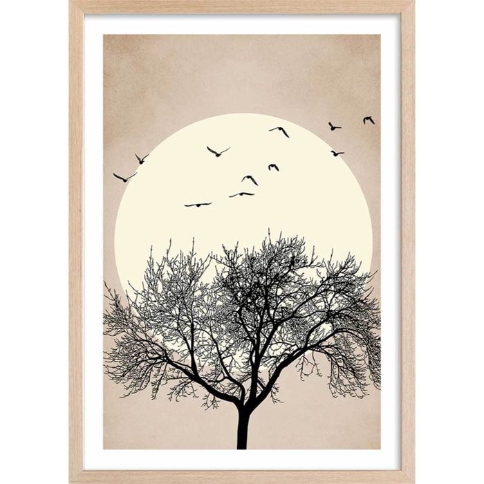 Affiche dessin ""Arbre scintillant"" Affiche + cadre en bois - Chêne