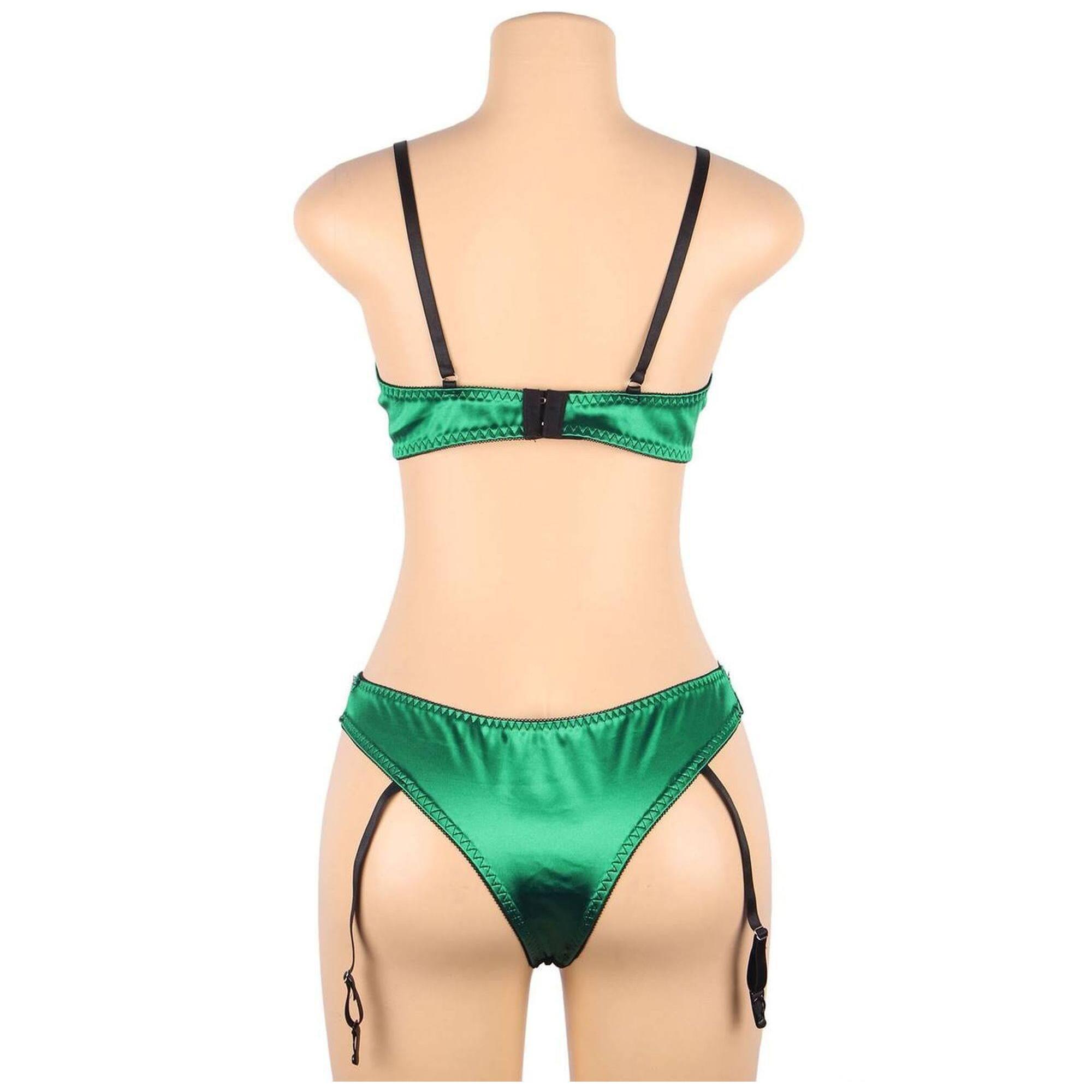 Conjunto de ropa interior con liguero verde y negro