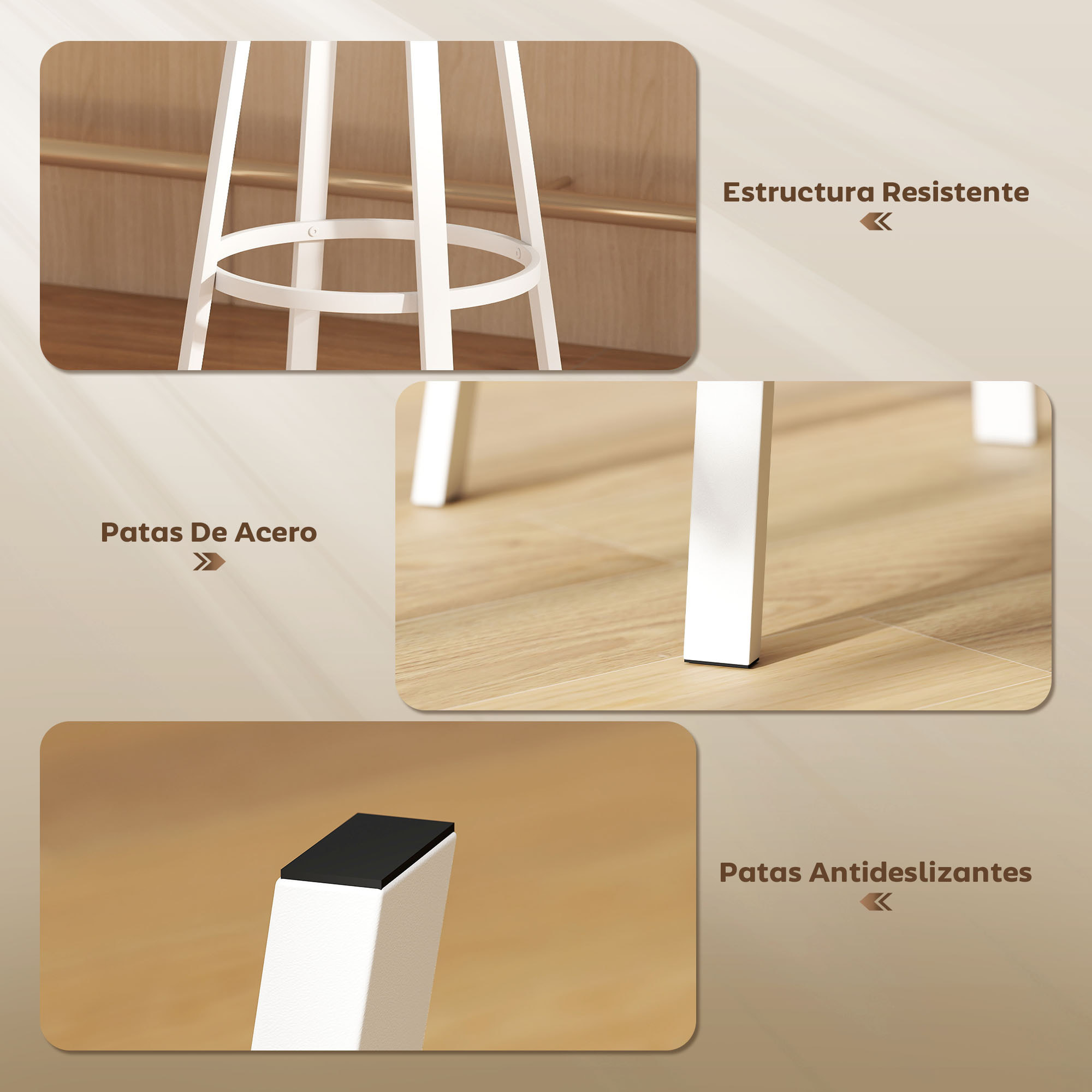 Juego de 2 Taburetes de Bar, Taburetes Altos de Cocina con Respaldo y Reposapiés, Tapizados de PU, Asiento de 75,5 cm de Altura, Fácil Montaje, Estilo Industrial, Natural y Blanco