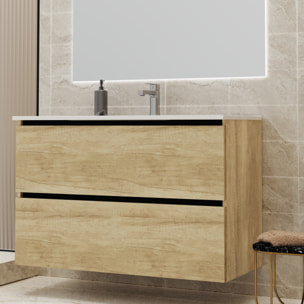 Conjunto de Baño Gloom | Mueble de Baño Suspendido | 90 cm Nature| Dos Cajones | Lavabo Encastrado | Mueble Montado | Alday