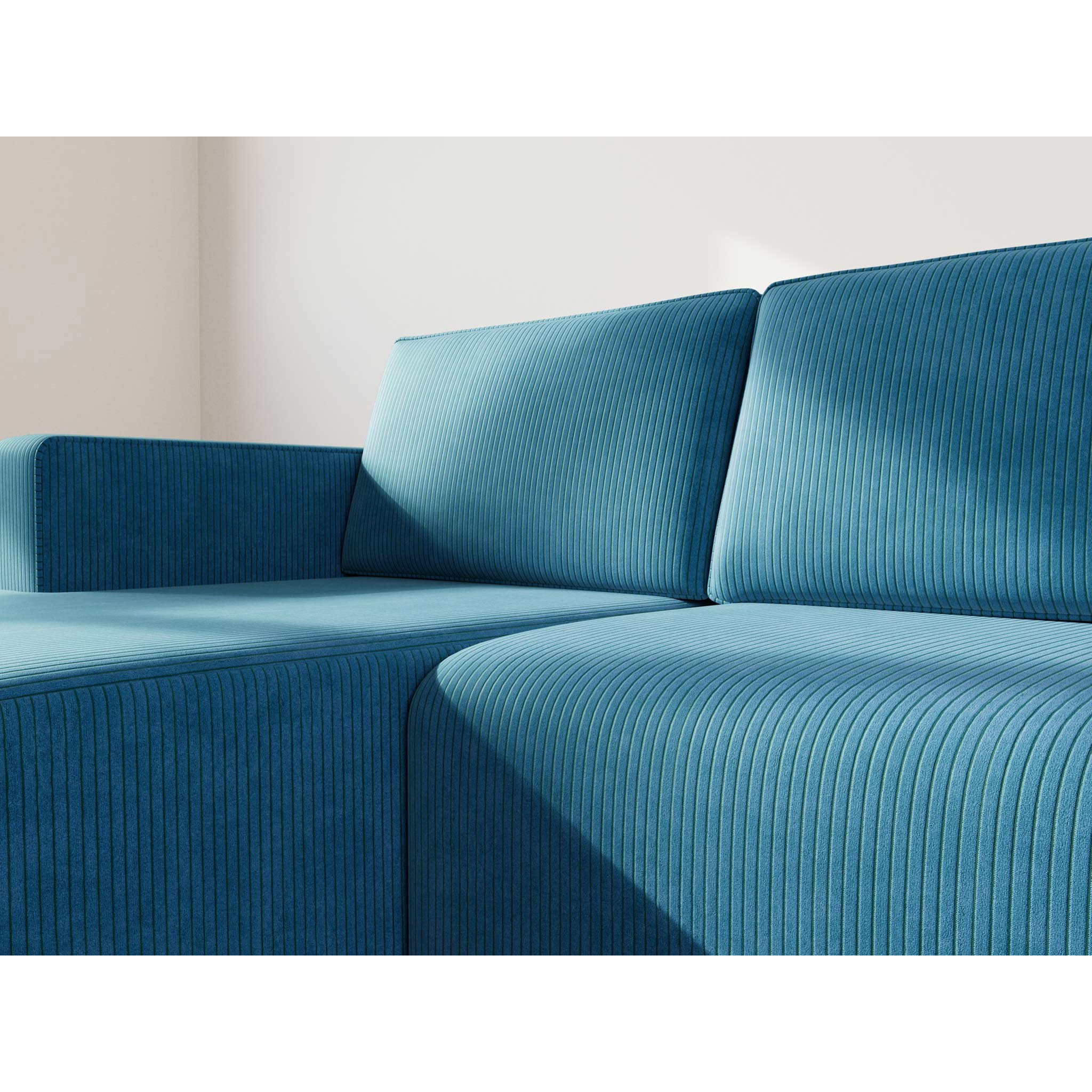 Topaze - canapé d'angle gauche 4 places convertible avec coffre en velours côtelé - Bleu