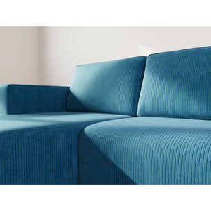 Topaze - canapé d'angle gauche 4 places convertible avec coffre en velours côtelé - Bleu