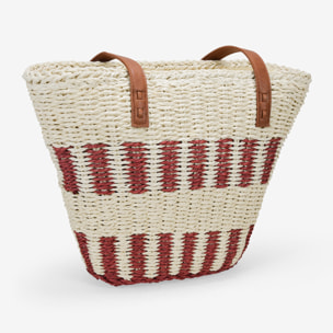 Capazo de hombro beige y burdeos en rafia