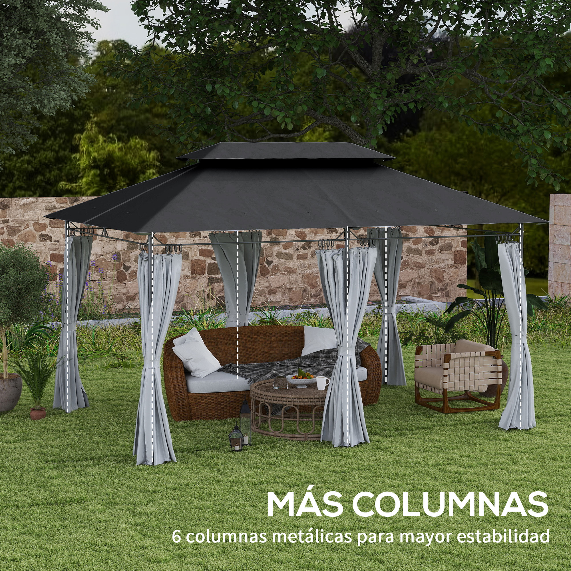 Cenador para Jardín 4x3 m Pérgola de Jardín Gazebo con Doble Techo Paredes Laterales Resistente al Agua Carpa para Exterior Terraza Patio Gris Oscuro