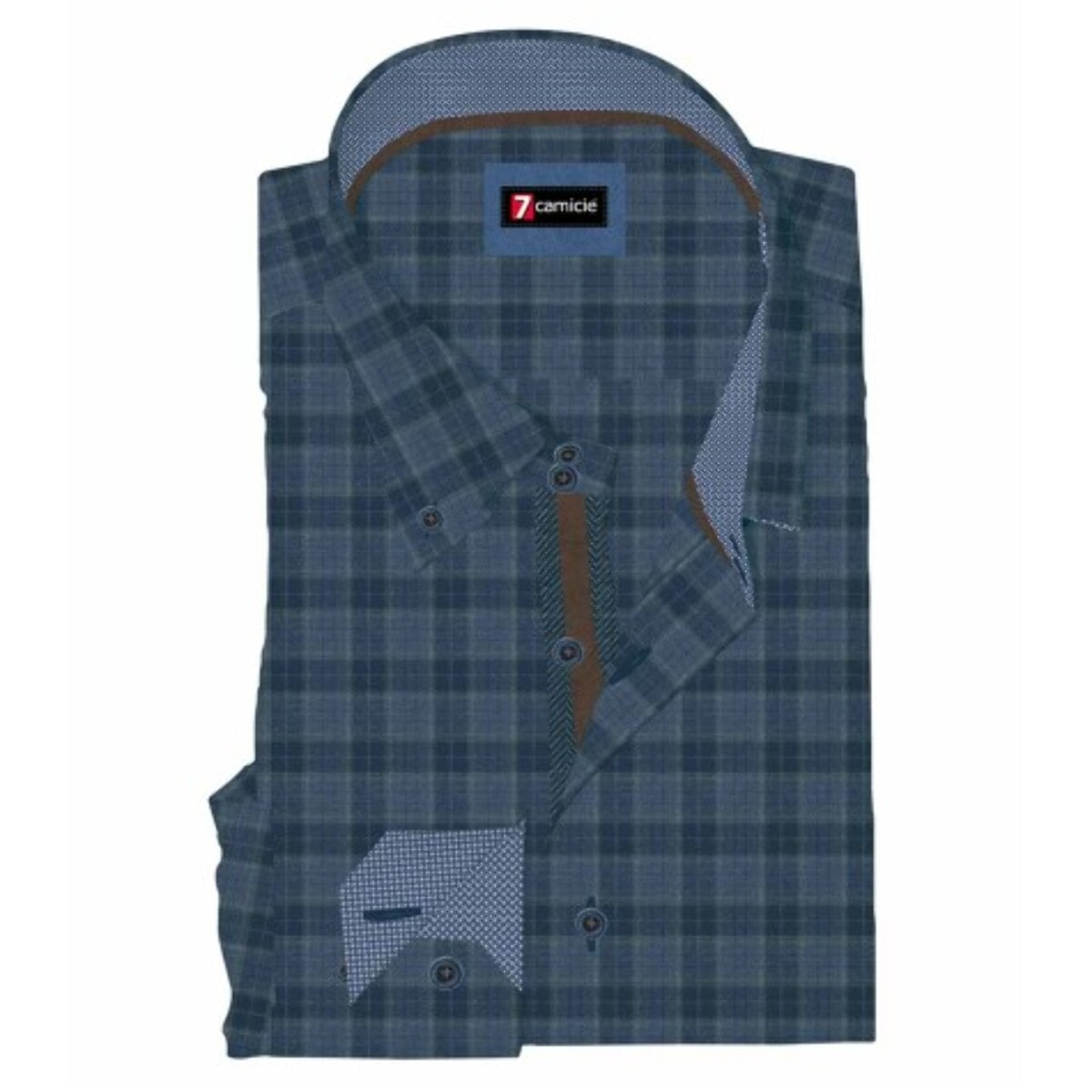 Camicia Uomo 2 Bottoni Button Down Slim Flanella Quadro Medio Blu/Blu Avion