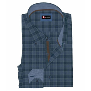 Camicia Uomo 2 Bottoni Button Down Slim Flanella Quadro Medio Blu/Blu Avion