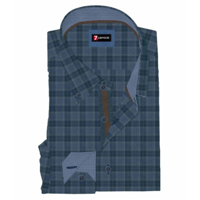 Camicia Uomo 2 Bottoni Button Down Slim Flanella Quadro Medio Blu/Blu Avion