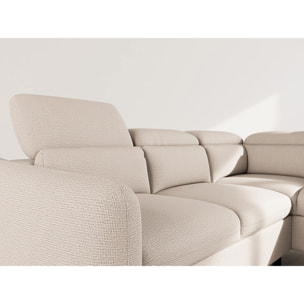 Opaline - Canapé d'angle droit 5 places convertible avec têtières et coffre en tissu texturé - Beige