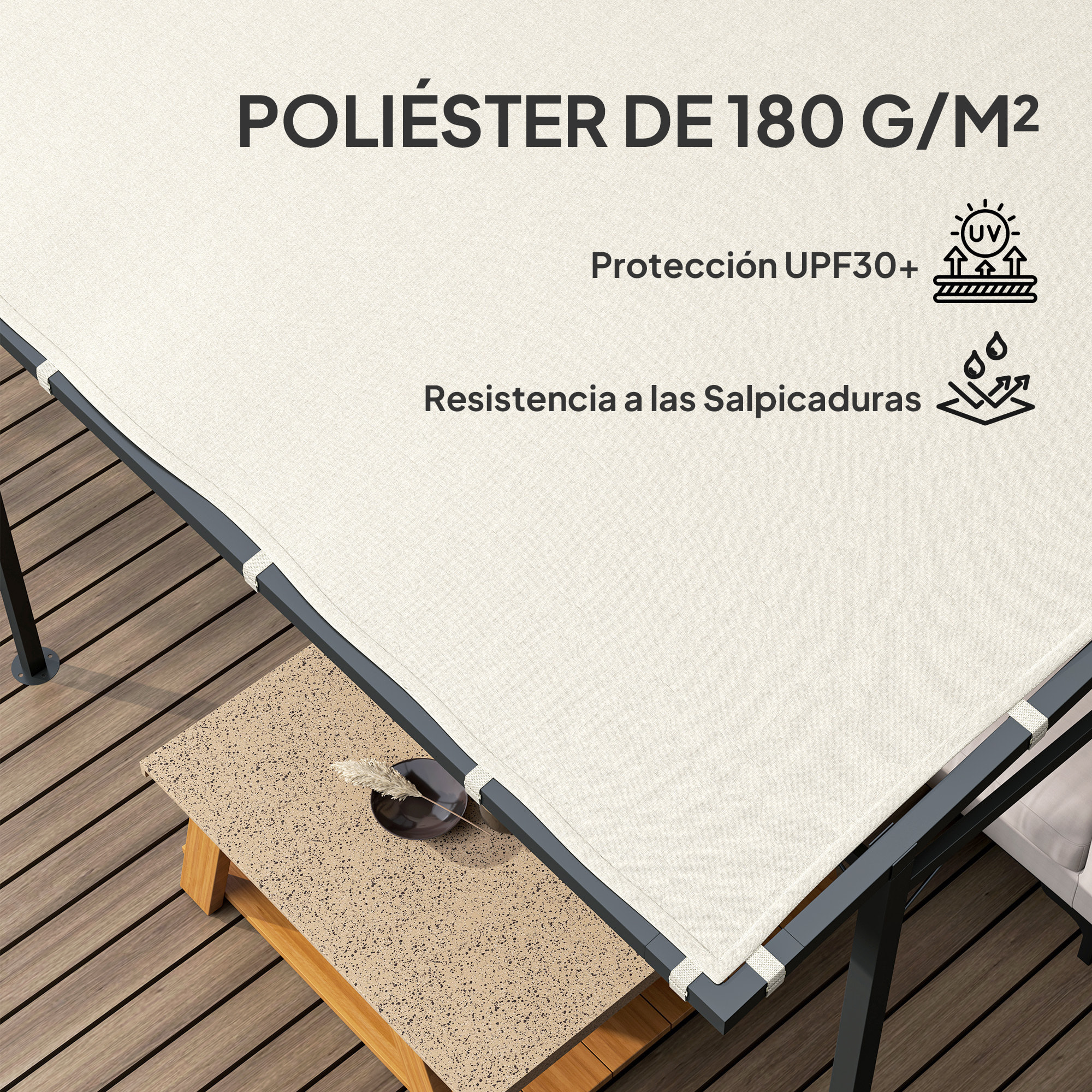 Pérgola de Pared 2,4x2,4 m Cenador de Jardín con Techo Inclinado Protección UV 30+ Impermeable y Marco de Metal para Patio Terraza Balcón Crema