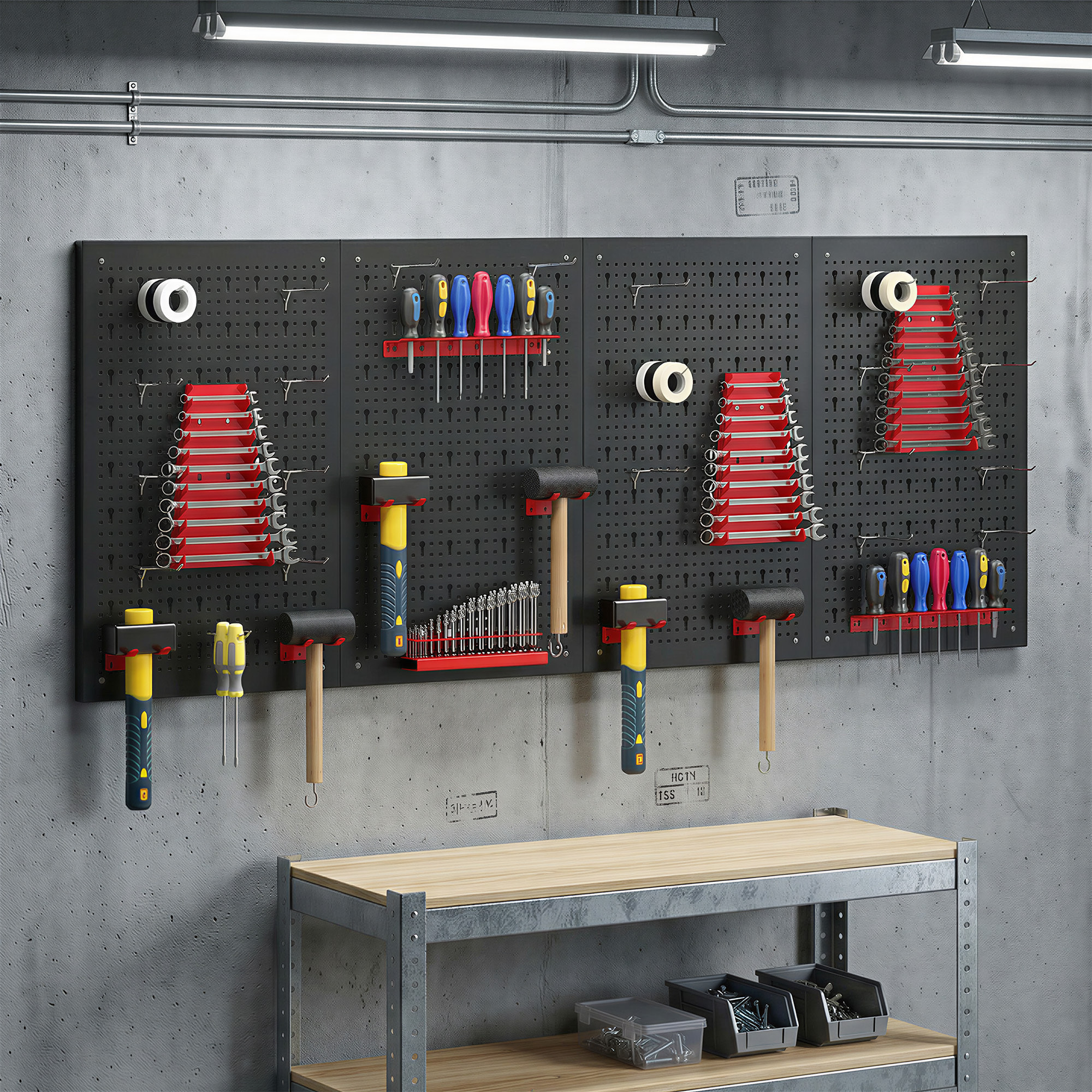 4 Paneles de Herramientas de Pared, 38 Piezas, cada panel 60x40 cm, Organizador de Herramientas de Pared con Ganchos y Estantes, para Garajes y Bricolaje, Negro y Rojo
