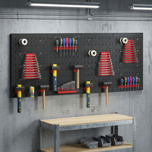 4 Paneles de Herramientas de Pared, 38 Piezas, cada panel 60x40 cm, Organizador de Herramientas de Pared con Ganchos y Estantes, para Garajes y Bricolaje, Negro y Rojo