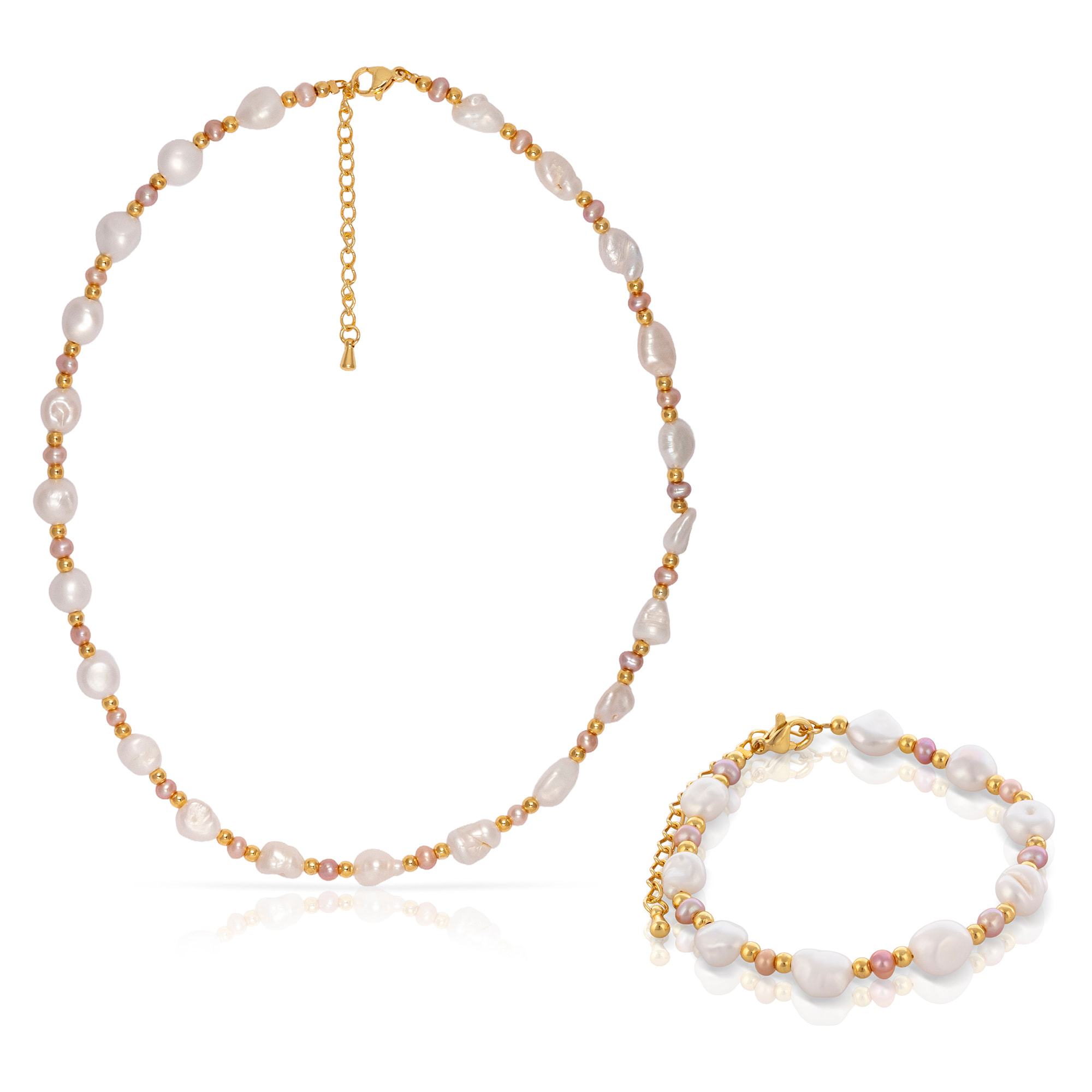 Felicitas Set de pulsera y collar estilo barroco a juego, de perlas naturales blancas y moradas.
