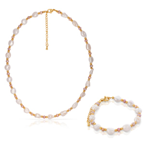Felicitas Set de pulsera y collar estilo barroco a juego, de perlas naturales blancas y moradas.
