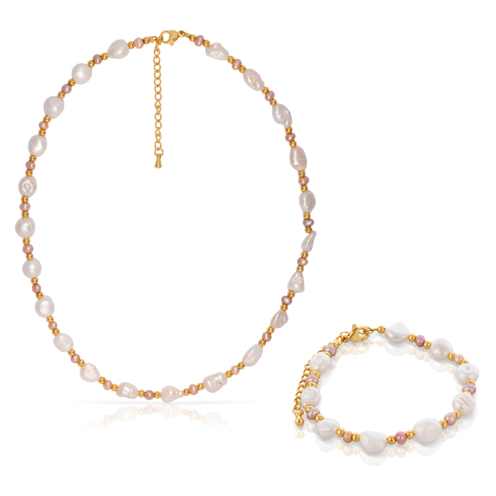Felicitas Set de pulsera y collar estilo barroco a juego, de perlas naturales blancas y moradas.