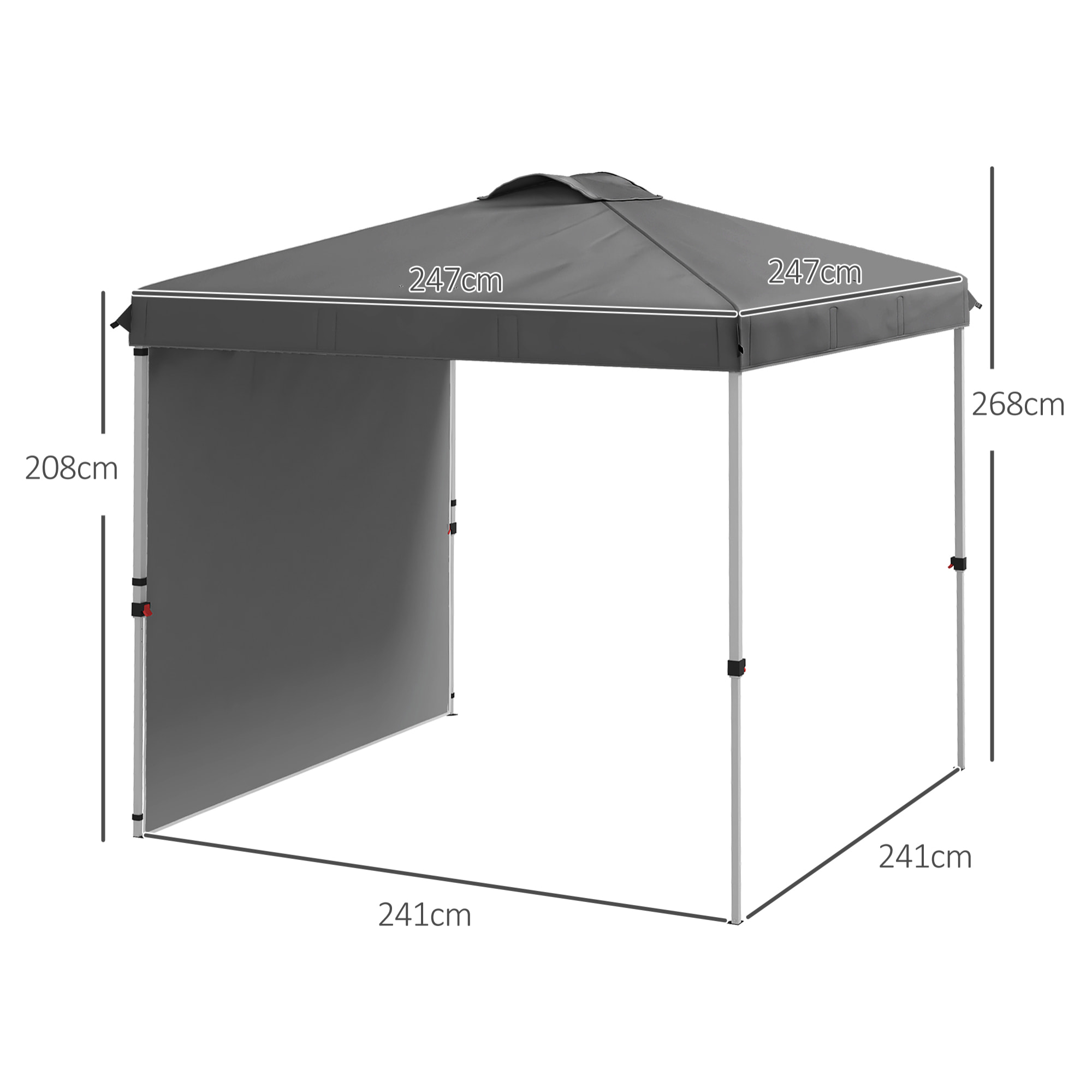 Carpa Plegable 2,5x2,5 m Cenador de Jardín con 1 Pared Lateral Altura Ajustable en 3 Niveles Anti-UV Impermeable y Bolsa de Arena para Camping Fiestas Gris Oscuro