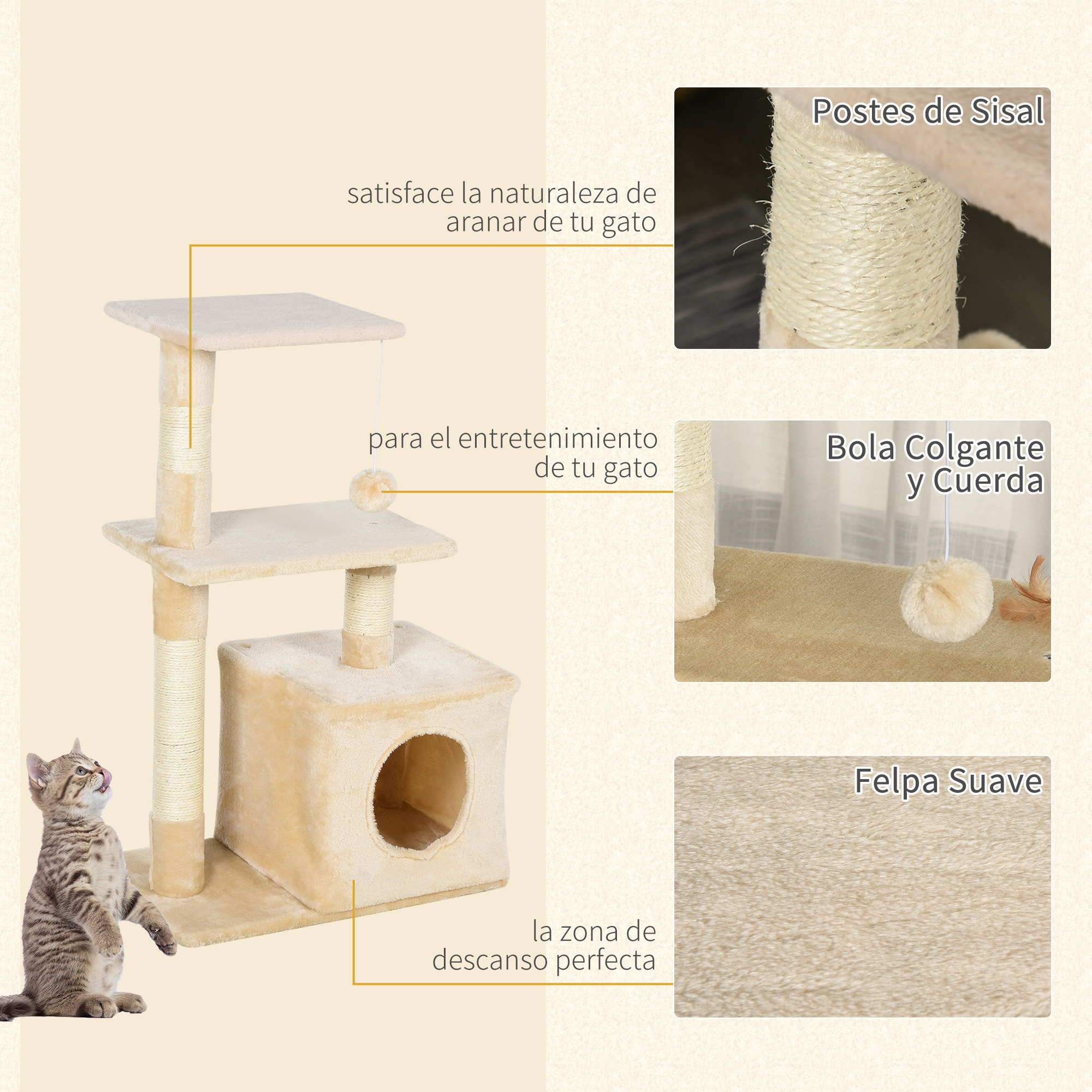 árbol Rascador para Gatos de Felpa y Sisal 50x30x80cm Beige