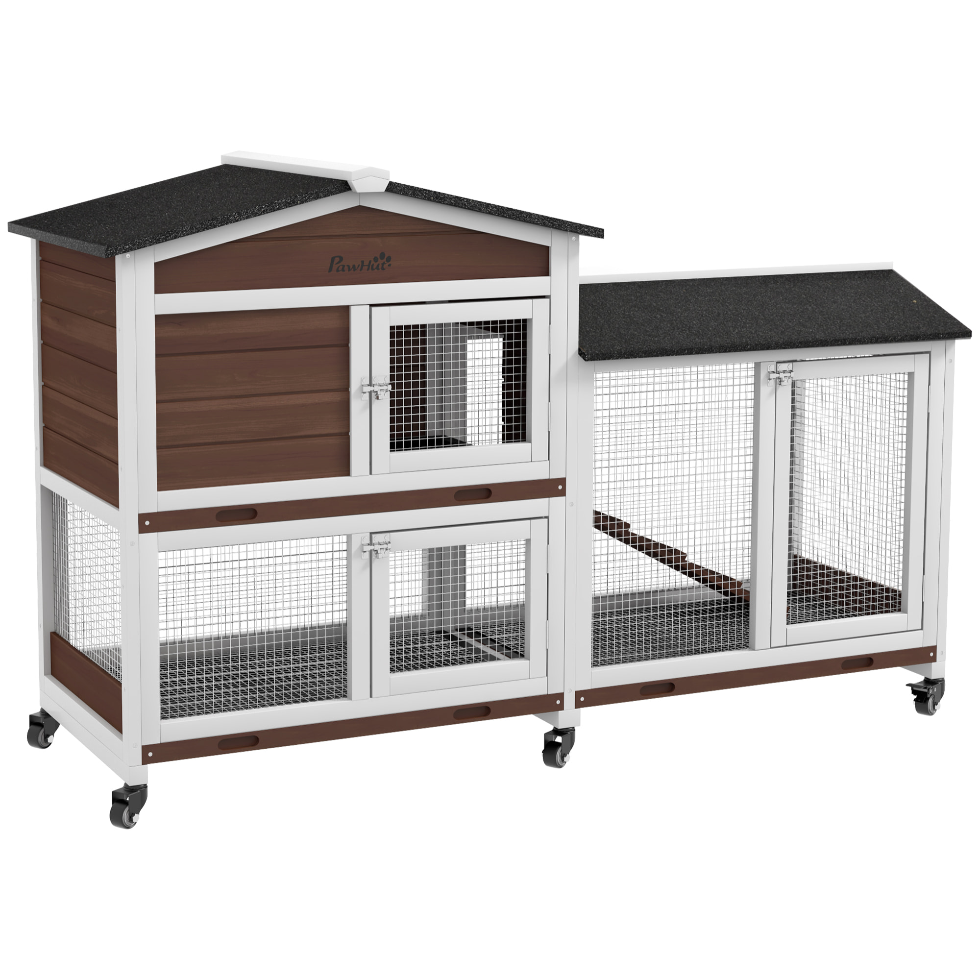 Conejera de Madera con Ruedas 157,4x53x99,5 cm Jaula para Conejos Grande con Techo Asfáltico Bandeja Extraíble y Rampa para Exterior e Interior Marrón