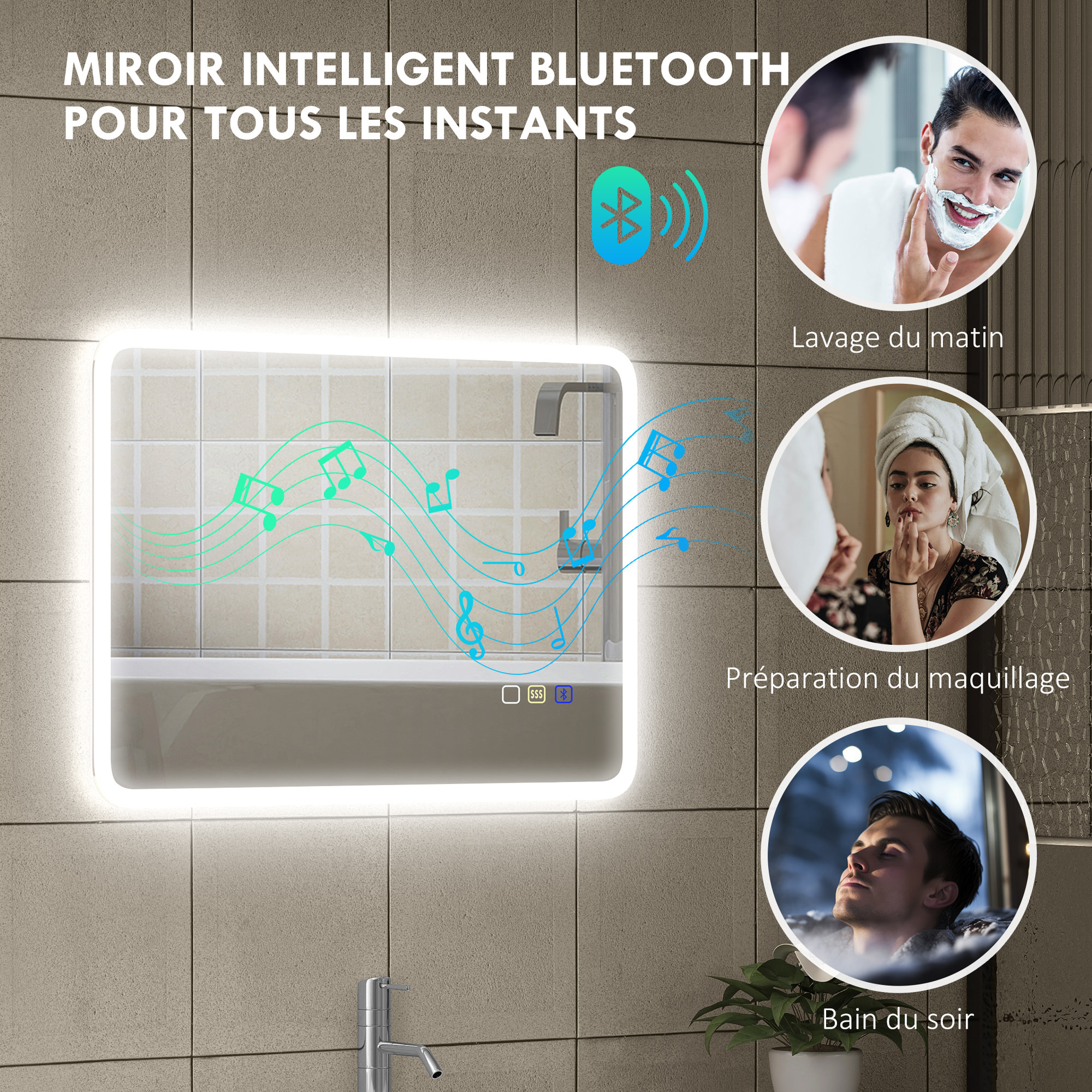 Miroir lumineux LED salle de bain 50 x 70 cm bluetooth interrupteur tactile lumière réglable 3 couleurs fonction anti-buée et mémoire