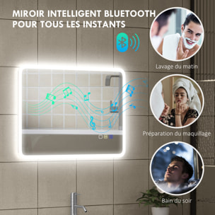 Miroir lumineux LED salle de bain 50 x 70 cm bluetooth interrupteur tactile lumière réglable 3 couleurs fonction anti-buée et mémoire