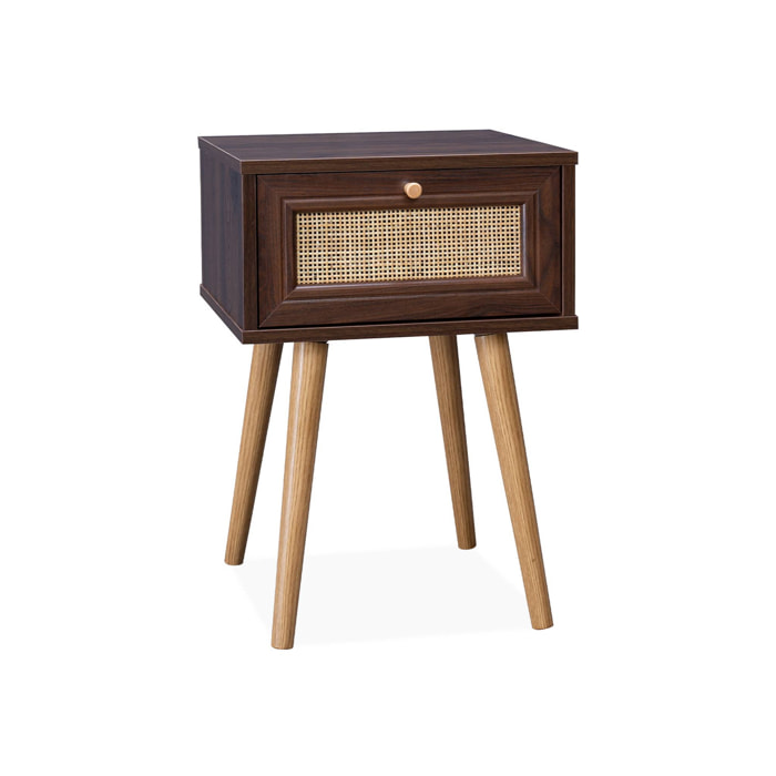 Table de chevet effet bois & cannage avec 1 tiroir - coloris bois foncé - Bohème