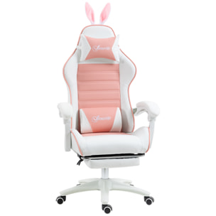 Silla Gaming Profesional Silla Gamer Racing Giratoria de Cuero PU con Altura Ajustable Inclinable 135° Reposacabezas y Reposapiés para Oficina Estudio 65x63x136-142 cm Rosa y Blanco