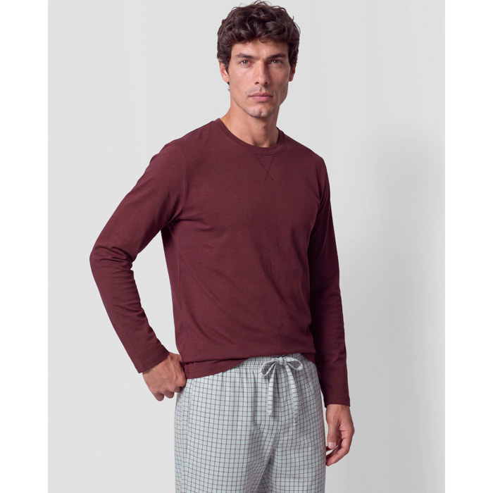 Pijama largo de algodón cuadro fendo burdeos