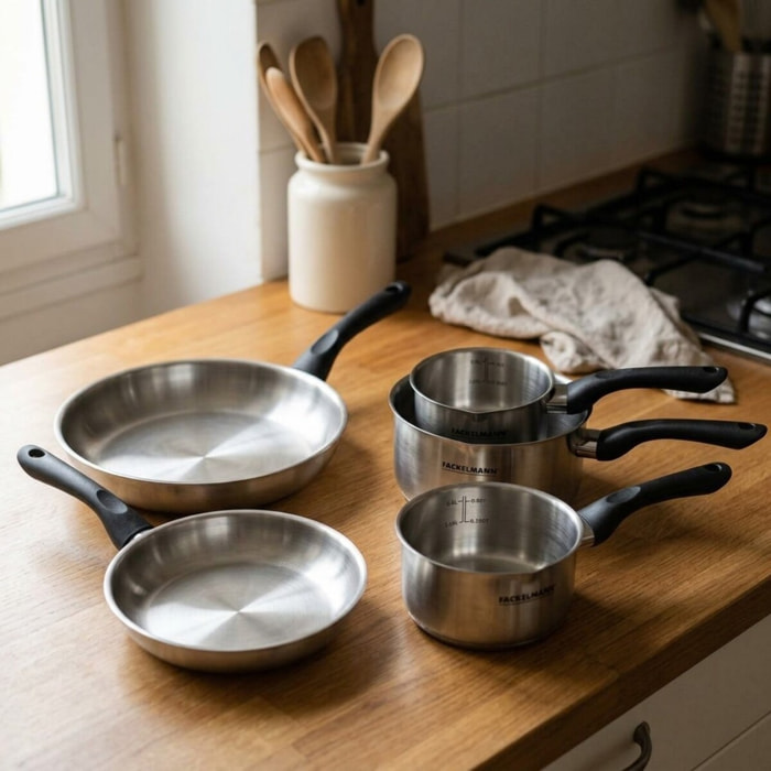 Set 2 poêles et 3 casseroles en inox Fackelmann Geneva