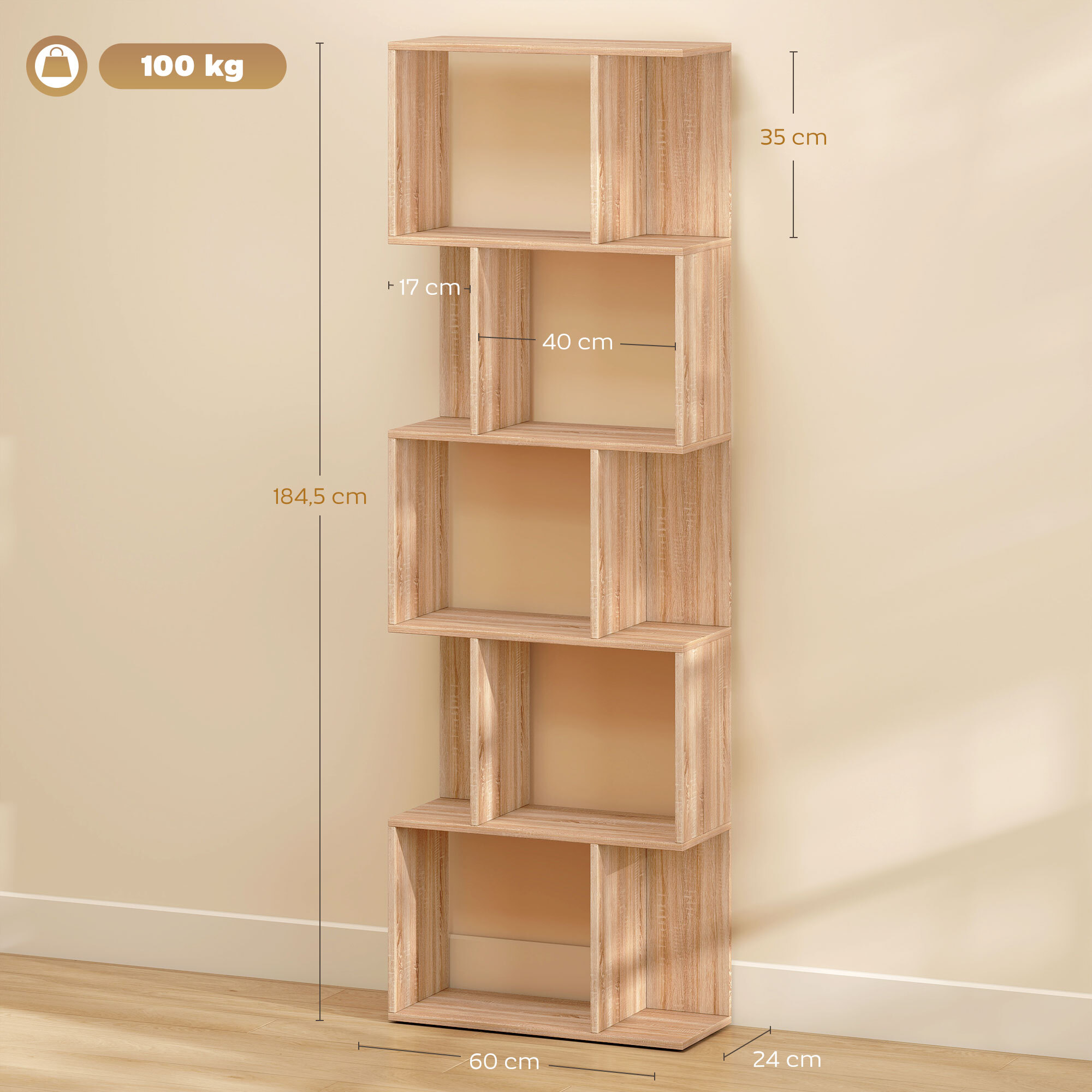 Librería de 5 Niveles, Estantería para Libros en Forma de S con 10 Estantes, para Sala de Estar, Dormitorio, Estudio, Oficina, 60x24x184,5 cm, Natural