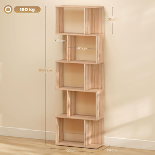 Librería de 5 Niveles, Estantería para Libros en Forma de S con 10 Estantes, para Sala de Estar, Dormitorio, Estudio, Oficina, 60x24x184,5 cm, Natural