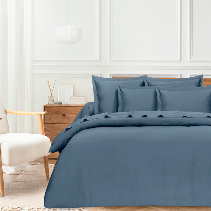 Parure housse de couette en satin de coton bleu