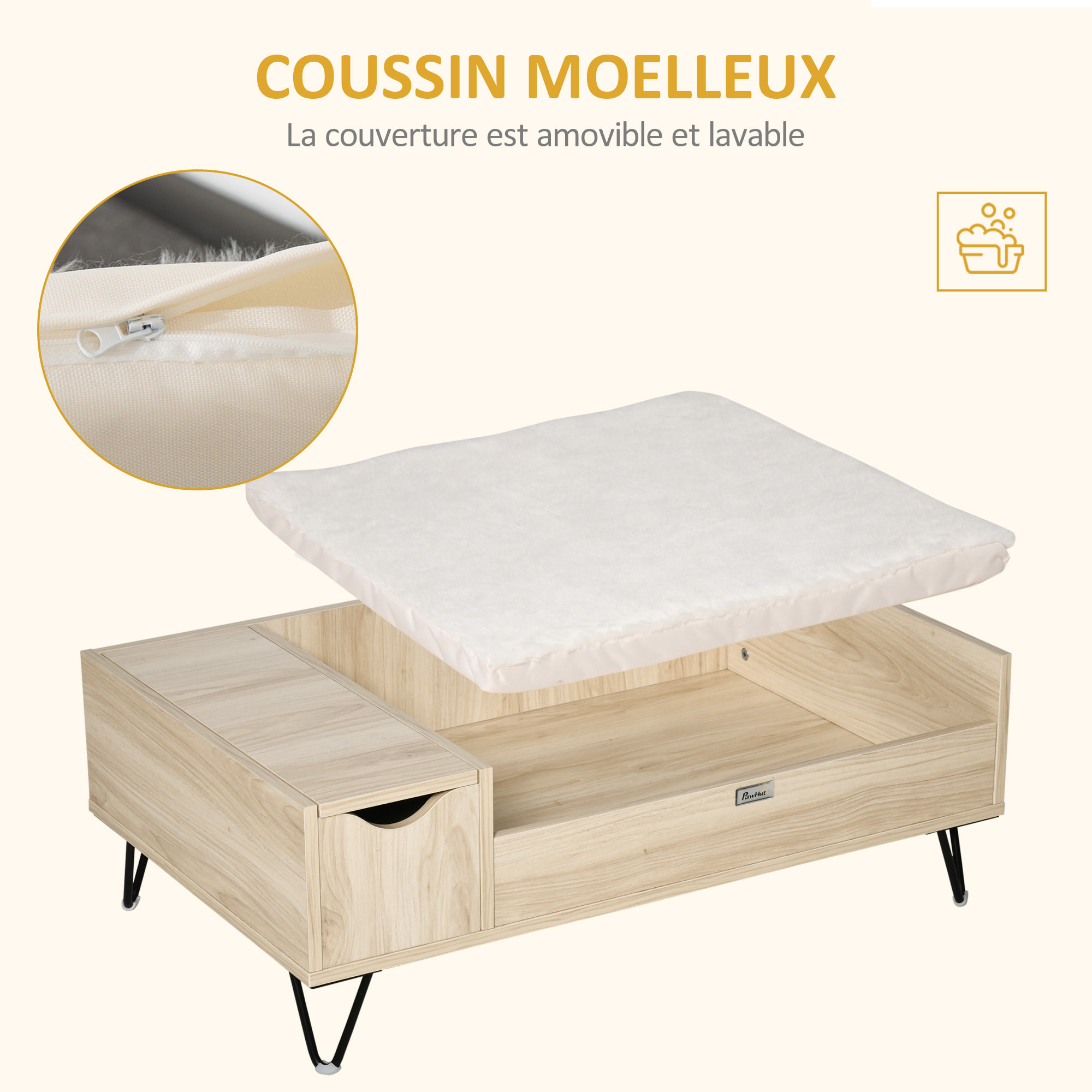 Canapé chien chat style cosy naturel - coussin aspect fourrure blanc et coffre inclus - dim. 89L x 56l x 31H cm - pieds acier en épingles lit MDF aspect bois clair naturel