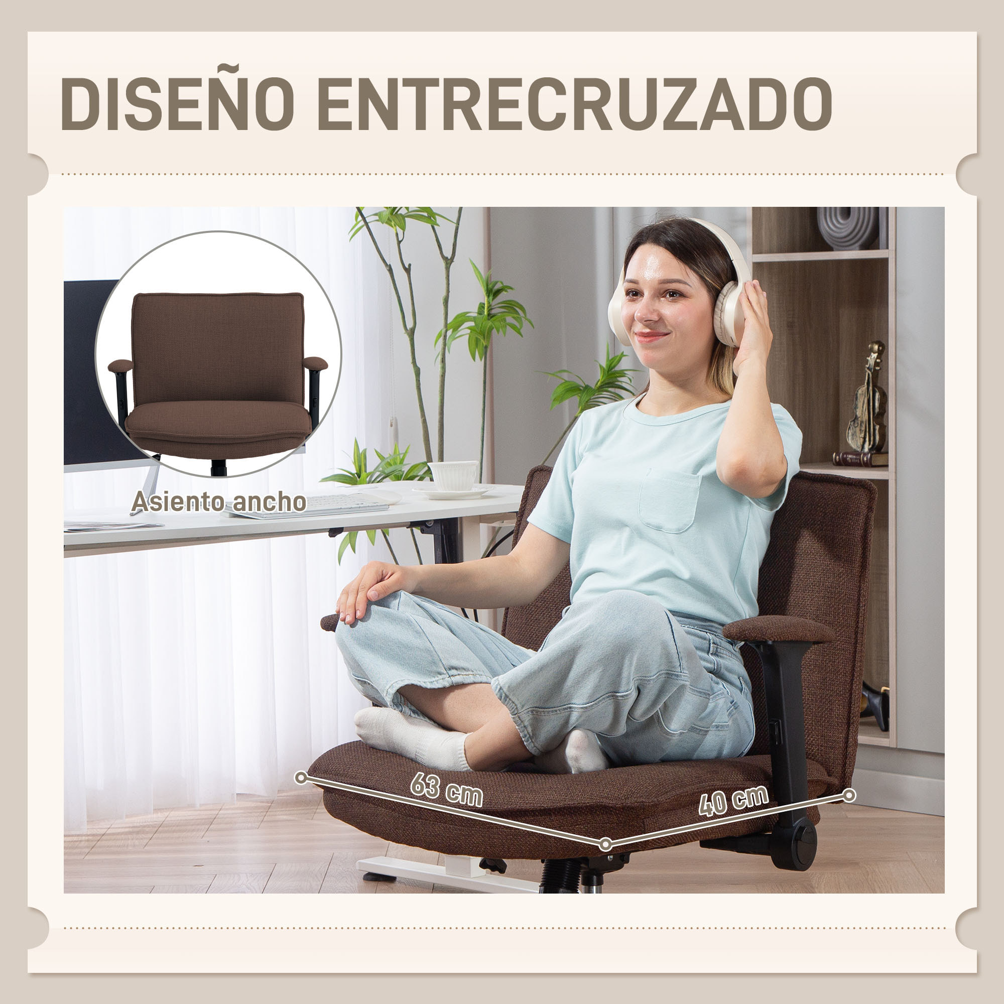 Silla de Oficina Piernas Cruzadas, Silla de Escritorio con Reposabrazos Abatible, Asiento Ancho, sin Ruedas, Altura Ajustable, Giratoria, Función Basculante, Tapizada en Lino, Marrón