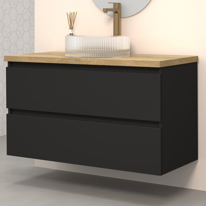 CONJUNTO DE BAÑO KUB | 100 CM NEGRO | DOS CAJONES | LAVABO DE CRISTAL | NO INCLUYE ESPEJO | MUEBLE MONTADO | ALDAY