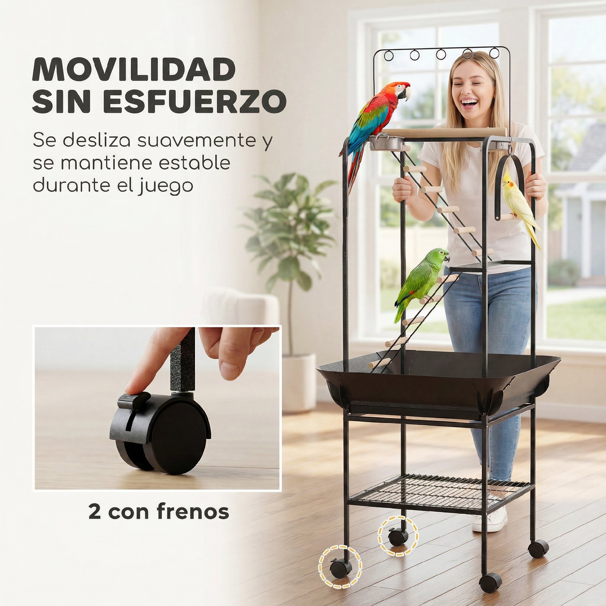 Parque de Juegos para Pájaros, Soporte para Pájaros con Ruedas, Escaleras, Columpio, Protector de Semillas, Bandeja, Comederos, Perchas, Gancho, Estante, para Periquitos Cacatúas, 63x63x163 cm