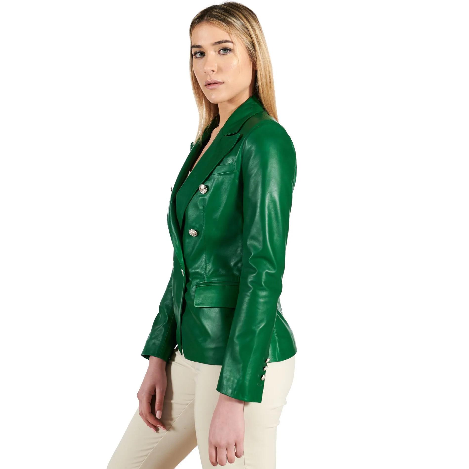 Giacca blazer doppio petto in pelle naturale verde