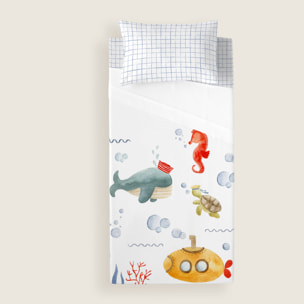 Cool Kids - Juego de Sábanas Estampadas - Infantil - Incluye 1 Funda de Almohada + 1 Sábana Bajera - 100% Algodón - Submarine